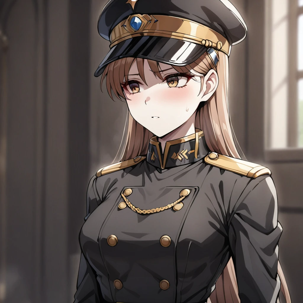 ((Highest quality)), ((masterpiece)), (detailed), （Perfect Face）、The woman is Princess Leona, with medium-long light brown hair, wearing a black military uniform and cap, and being sexually assaulted by a dignified general.、Women are brainwashed, expressionless, and have no highlights in their eyes.