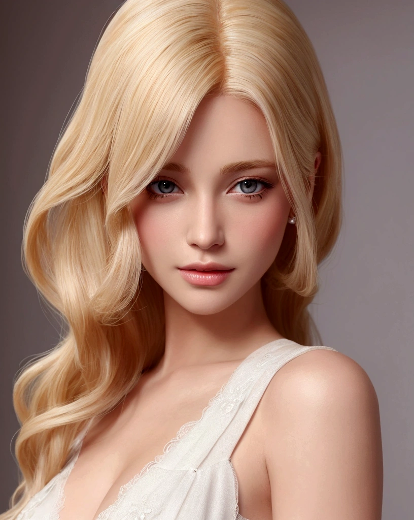Realistic animated beautiful woman with blond hair in a white dress.