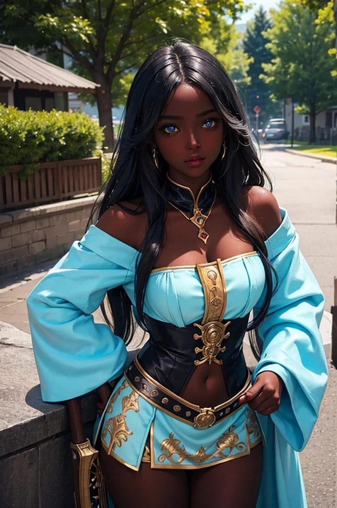 1girl, cute woman, ebony girl, dark skin, medieval fantasy, RPG, beautiful girl, soft face, bard, adult, cute girl, blue eyes, (black medium-long hair), lips, (colorful fantasy bard dress), cyan and pink clothing, slim body, smaller , Masterpiece