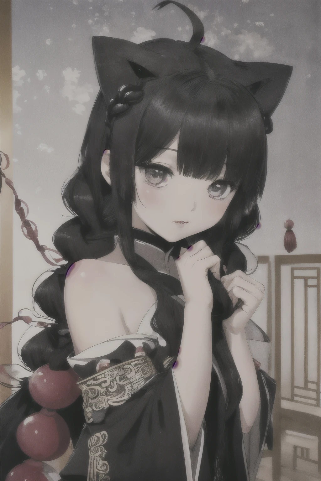 a woman, black long hair, manga style by Torii Kiyomasu, old chinese temple background, anime aesthetic, official anime art, highly detailed, 8k, photorealistic, masterpiece, dramatic lighting, beautiful detailed eyes, beautiful detailed lips, extremely detailed face, long eyelashes, elegant pose, dynamic composition, hanfu, chinese, skinny, some beads and small braids in hair, upper body in frame