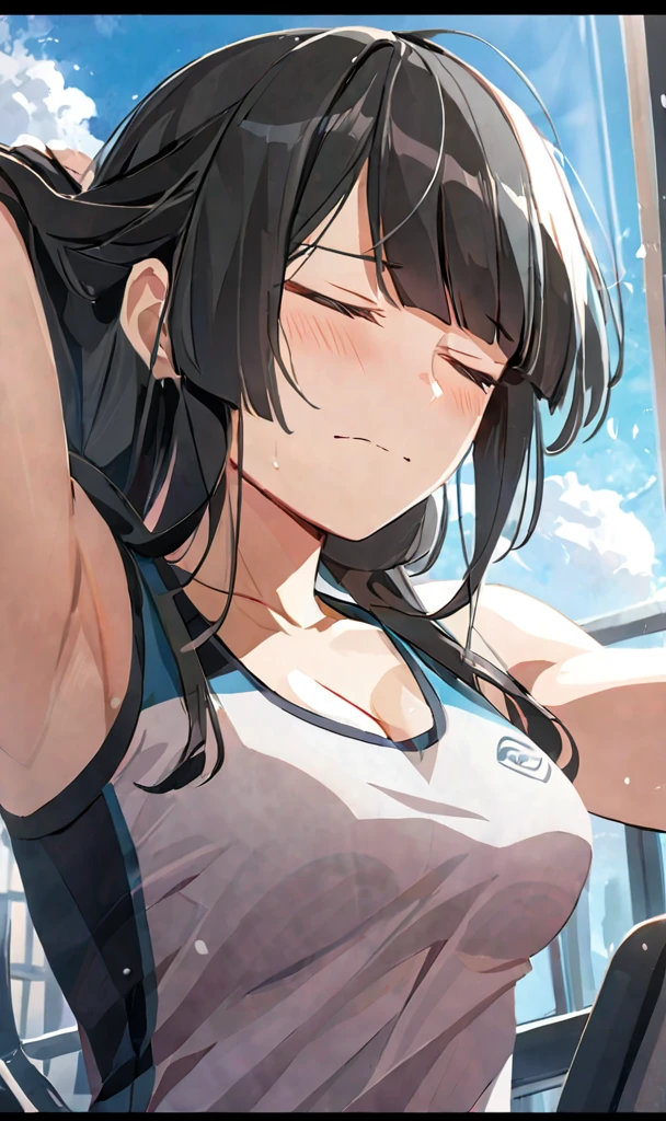 masterpiece,best quality, solo, eda, bangs, black hair, blue sky,cloud, shy expression, blushing expression, embarrassed expression, medium breast, hot, thicc, she is embarassed , she has a medium chest, she is wearing a gym outfit ,she is looking at you, closed mouth, cleavage, upper body , she is looking down on you, she is in the gym, she is working out, she is wearing sports, she is wearing white sando, she is fit, she is looking at the viewer, upper body, dynamic pose, dinamic view angle, detailed, she is tying her hair, she is super shy, she is embarrassed, closed eyes