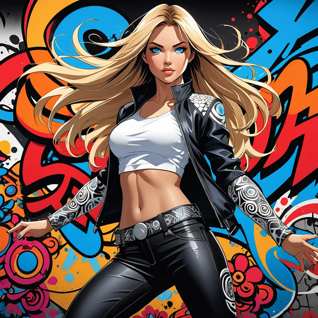

"Generate an AI image of a brunette woman with long, blonde hair and striking blue eyes. She is depicted in excellent lighting with a side light effect for a perfect final touch (Flat Color: 1.3). Her attire includes a white shirt with intricate abstract designs and Japanese graffiti-style letters along the sides, paired with black leather trousers. The scene features a Comix style by Joe Madureira, with ultra-detailed circular white metal pieces attached to her arms emitting a sparkling glow. She is portrayed in various full-body attacking poses, showcasing finely detailed eyes and a detailed face (Detail: 1.3). The background combines elements of a futuristic costume with super-detailed circular metals on the arms and pants, set against a vibrant graffiti-style tribal tattoo backdrop with flowers and dynamic colors (Ultra-HDR: 1.2, high quality). Ensure the image captures the essence of a futuristic girl with captivating effects and attention to detail."