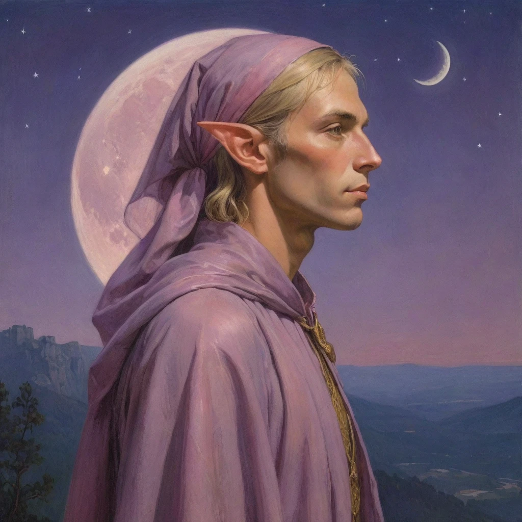 Masterpiece, (realistic), (propaganda poster), ((Moebius Jean Giraud)), ((((haughty upright profile portrait of a veiled male teenage wood elf staring at the skies, blonde, young, poet, sensual, imposing, dignified, proud, arrogant, wearing silk, purple and pink robes with detailed crescent moon, star elements, he is holding a lyre))), ((dusk background, moths))