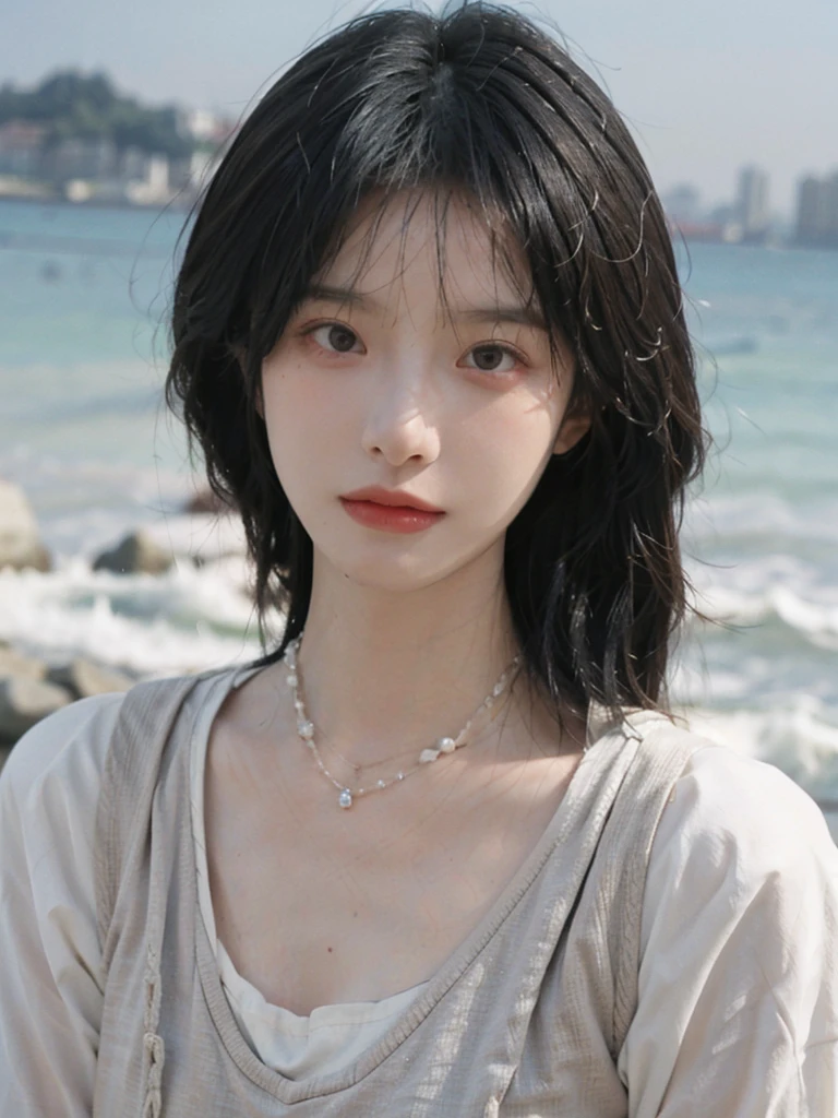 Film Portrait Photography, 1 Girl, Lipstick, (Big breasts:1.2), Wear a necklace, Cute expression, Exquisite makeup, Vest, serene, calm, (Realistic and detailed eyes, Natural skin texture, Realistic facial details), Soft dramatic lighting, Vivid details, Detailed and detailed, Surreal, 35 mm film, hazy, outdoor, Seaside background, seaside, Depth of Field, Bokeh