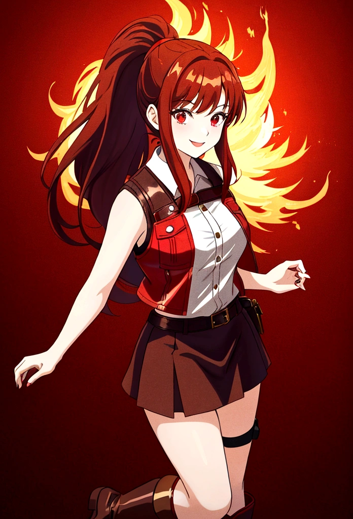 20 years old girl, long red hair, wears a ponytail, red eyes, always smiling. She dresses in an antique style, wearing a short brown skirt with black shorts underneath, ending above the knees. She wears knee-high brown boots. Her white blouse is sleeveless and features red details. She possesses fire powers and has a fire-themed background." 