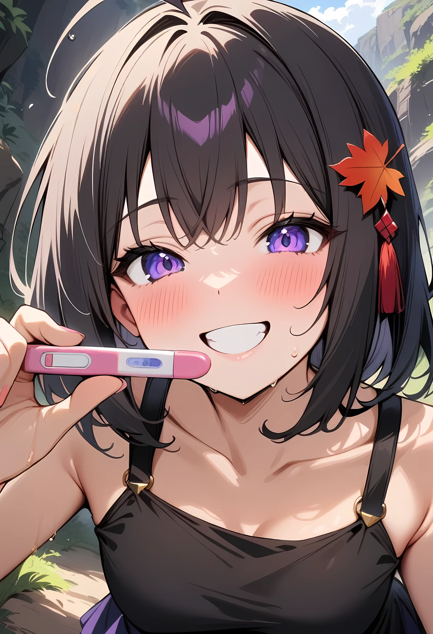 masterpiece, best quality, very aesthetic, absurdres, newest, (showing a pregnancy test:1.2), 1girl, (close-up of face), blush,smile,grin,,maple (bofuri),bofuri,1girl, medium hair, ahoge, purple eyes, hair ornament, black dress, mini-skirt,,in the canyon