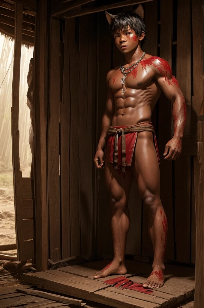 10 year old werewolf boy,Topless,Red skin,barefoot,covered in wounds,Muscle fullness,Standing,Tears,Wolf ears,Smooth skin