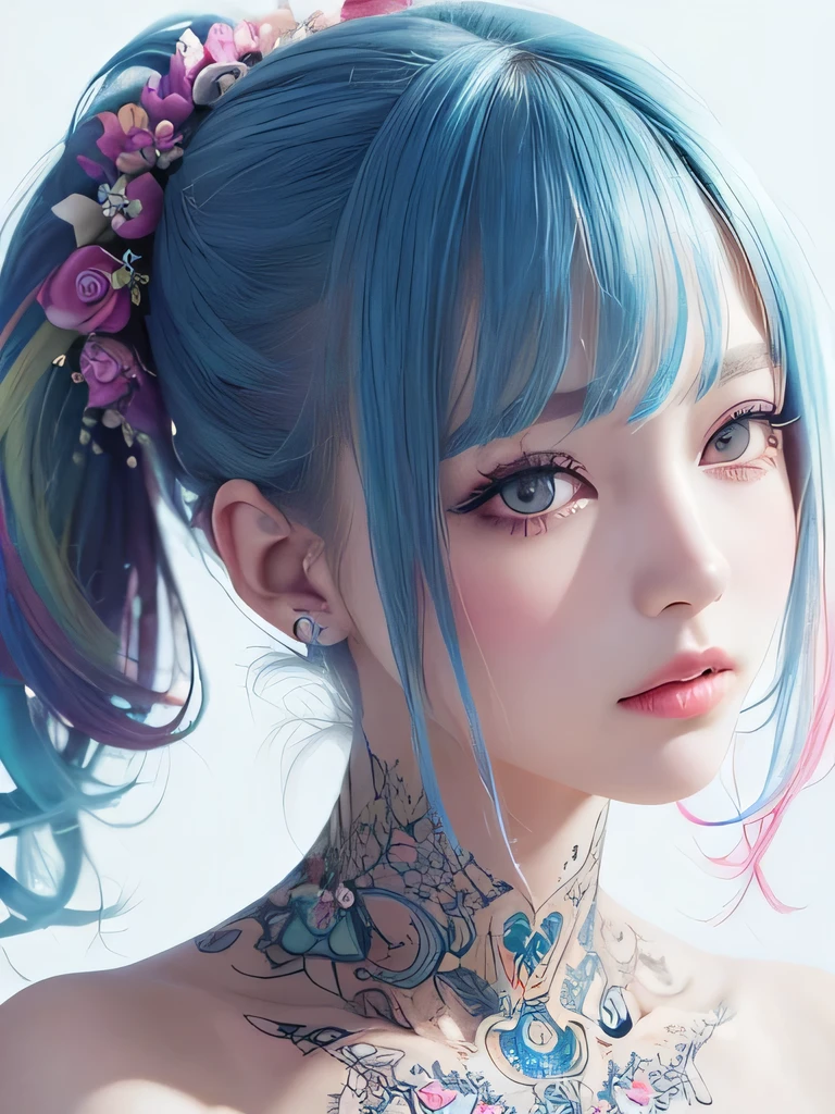Ultra-high definition 2D art, close-up (1 woman), light blue hair, 2D animation style, soft and delicate depiction, attention also on her full-body tattoos (full-body art), landscape mode, masterpieces by Guweiz and James Jean, tattoo expert designs by CGSCOSITY, etc. A beautiful blue-haired girl who became a hot topic at the trend art station of Japan.