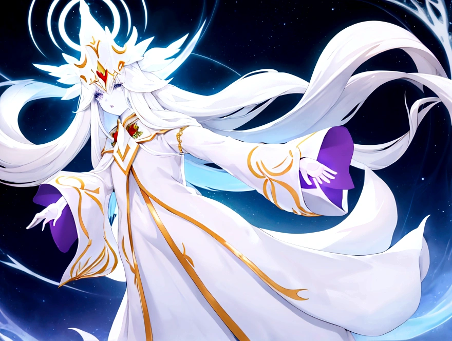 Character (white long hair) (white pale skin) (mystical seer-style clothing) (character in dynamic pose) (perspective angle) (full frame) (ethereal background) (warm vibes)