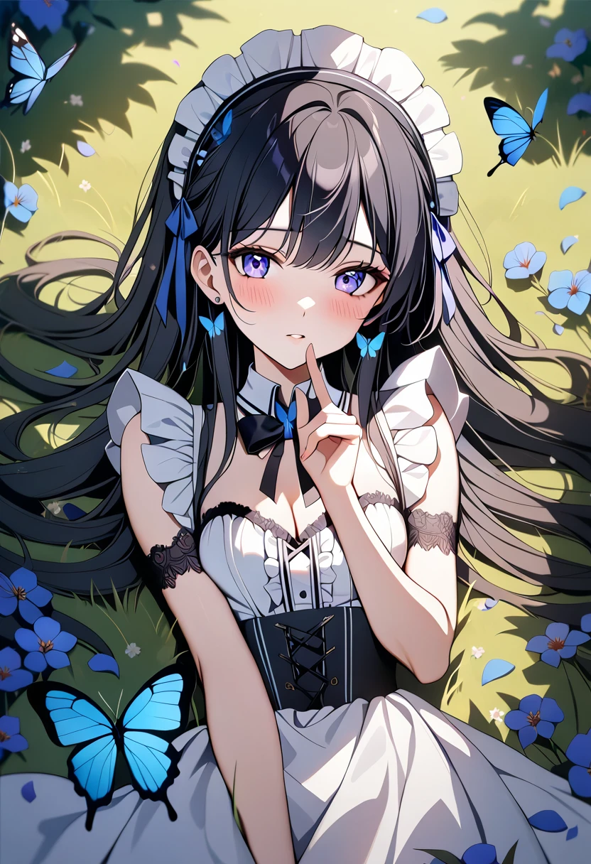 (1girl,20 years old),black hair,long hair,maid outfit,blush,blush,separated lips,lying,grassland, natural soft lighting, butterfly, bug, blue butterfly, blue flowers, red flowers, purple flowers, petals, beautiful, aesthetic, elegance, ethereal beauty, detailed, intricate details, absurdres, beautiful color, masterpiece, amazing quality, best quality, high quality, 4K, 8K, K, UHD,, upper body,