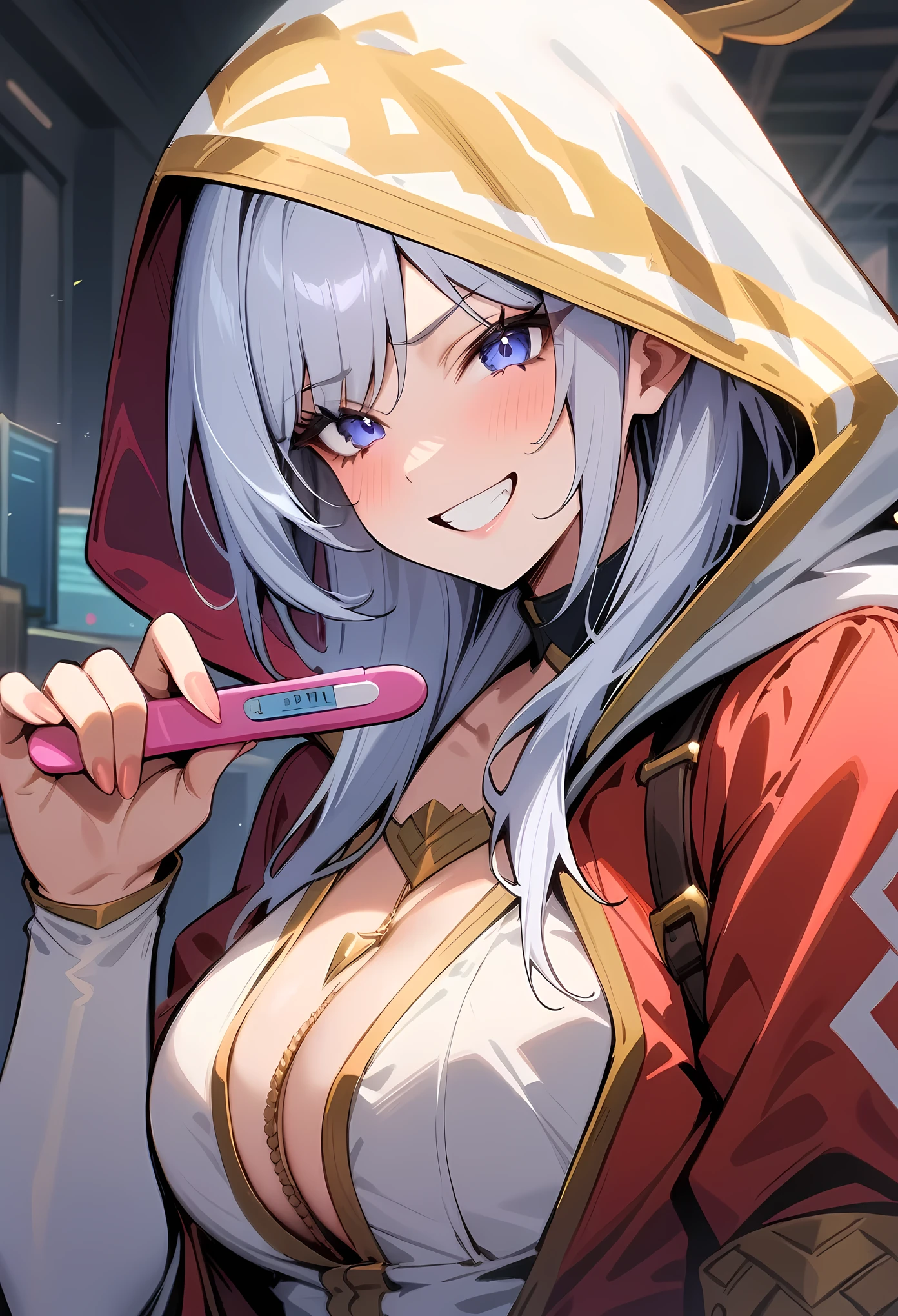 masterpiece, best quality, very aesthetic, absurdres, newest, (showing a pregnancy test:1.2), 1girl, (close-up of face), blush,smile,grin,,Akali(league of legends), long_the sleeve,White hood,short white pants,,Tattoos are , Eternal, full_body, arma,scyscraper,daggers,,White boots, Leucorrhoea,White mask,in office,