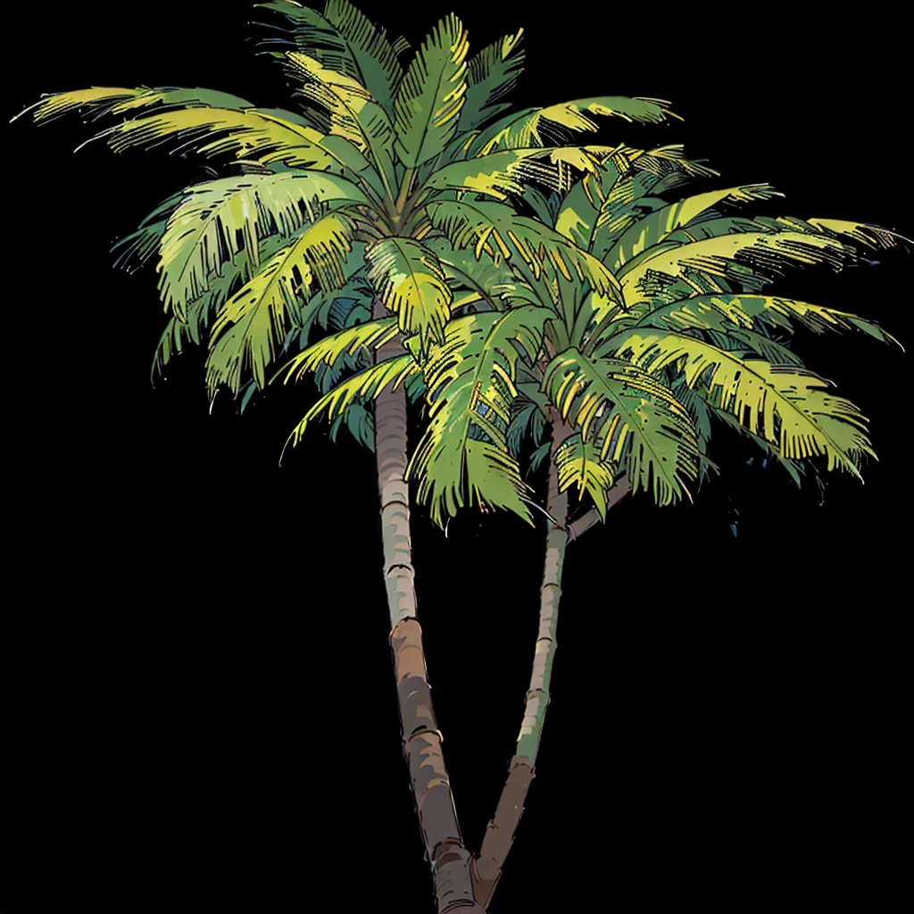 a close up of two palm trees on a black background, palm tree, tropical trees, tropical palms, a palm tree, palm trees, tree palms in background, palmtrees, exotic trees, coconut palms, palm trees in the background, palms, coconut trees, the palms come from the ground, palm, with potted palm trees, palm pattern visible, on a black background