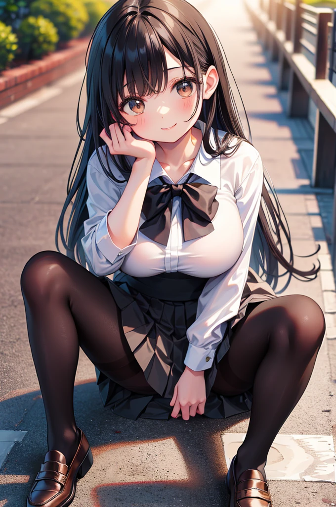 Photo of 14 year old.Lady, cute, panties, ((Japanese Girls)), Smile, (((Large Breasts))), lace panties, Sitting, ((Pantyhose)), (Spread your legs), skirt, , white panties, socks, Black Hair, shirt, Blurred, Blurred背景, knees, white shirt, loafers, Realistic, Long Hair, lips, Brown eyes, (Dark black knee-high), 弓 those, pleated skirt, Headrest, Look to the side, Outdoor, Brown footwear, masterpiece, Highest quality, Super detailed,Anatomically correct, (Random Sexual Poses)