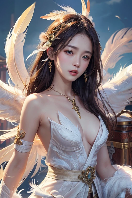 Fantasy artwork、Realistic fantasy art、4K Fantasy Art、Very detailed、Medium chest、Japanese women、((6 feathers))、Angel、(bandage one&#39;s body)、(Wrap a black cloth around your eyes)