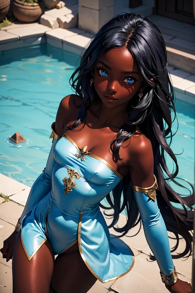 1girl, cute woman, ebony girl, dark skin, medieval fantasy, RPG, beautiful girl, soft face, bard, adult, cute girl, blue eyes, (black medium-long hair), lips, (colorful fantasy bard clothing), cyan and pink clothing, slim body, smaller , Masterpiece,medieval town