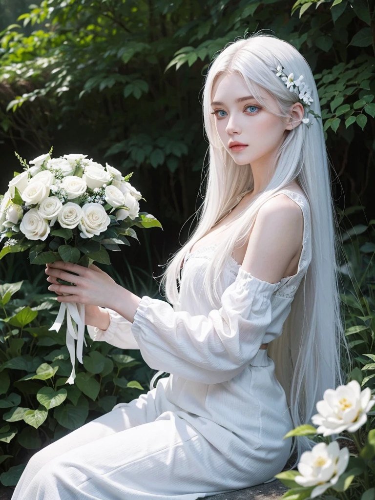 Long white hair, blue eyes, serious features, white skin, loose style, in a garden, with flowers , in the forest