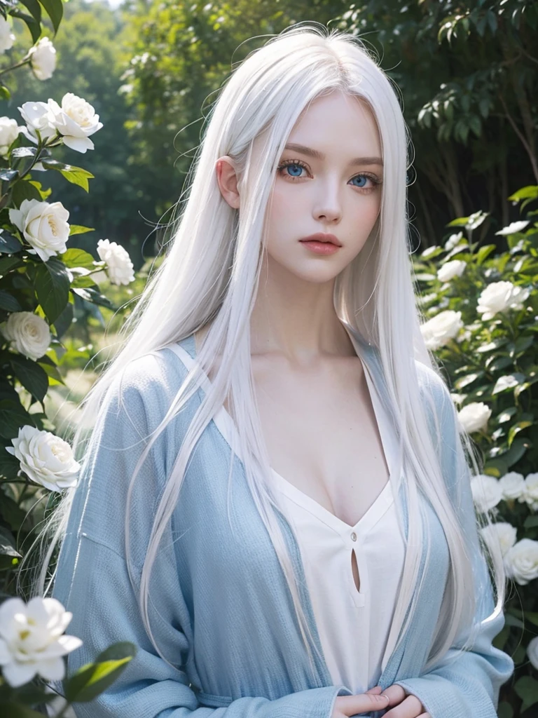 Long white hair, blue eyes, serious features, white skin, loose style, in a garden, with flowers , in the forest 