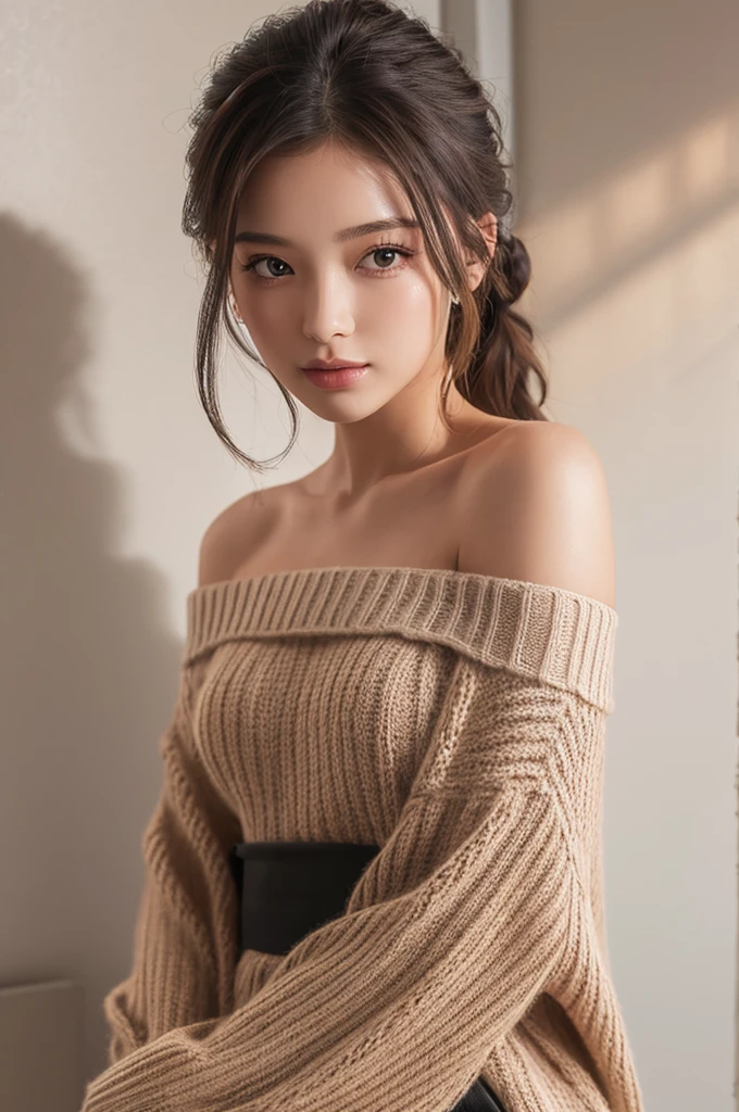 ((melhor qualidade)), ((Obra de arte)), (detalhado), 1 garota, shoulder to shoulder sweater, 