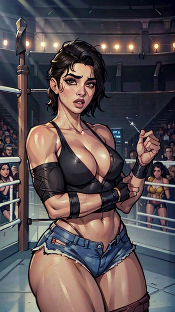 (RAW photo), (Realistic), (photo-realistic), ultra high resolution, masterpiece, highest quality, portrait, facial portrait, perfect lighting, detailed lighting, dramatic shadow, ray tracing, 1 old lady, 60 years old, she is a wrestler, boyish face, Voluptuous, cleavage, beautiful detailed brown eyes, chubby lips, big , big ass, big thick thighs, abs, muscle, shortcut messy hair, black hair, half open mouth, looking at viewer, ((wearing a revealing wrestling costume with shorts)), ((in Rome Arena)), erotic pose,