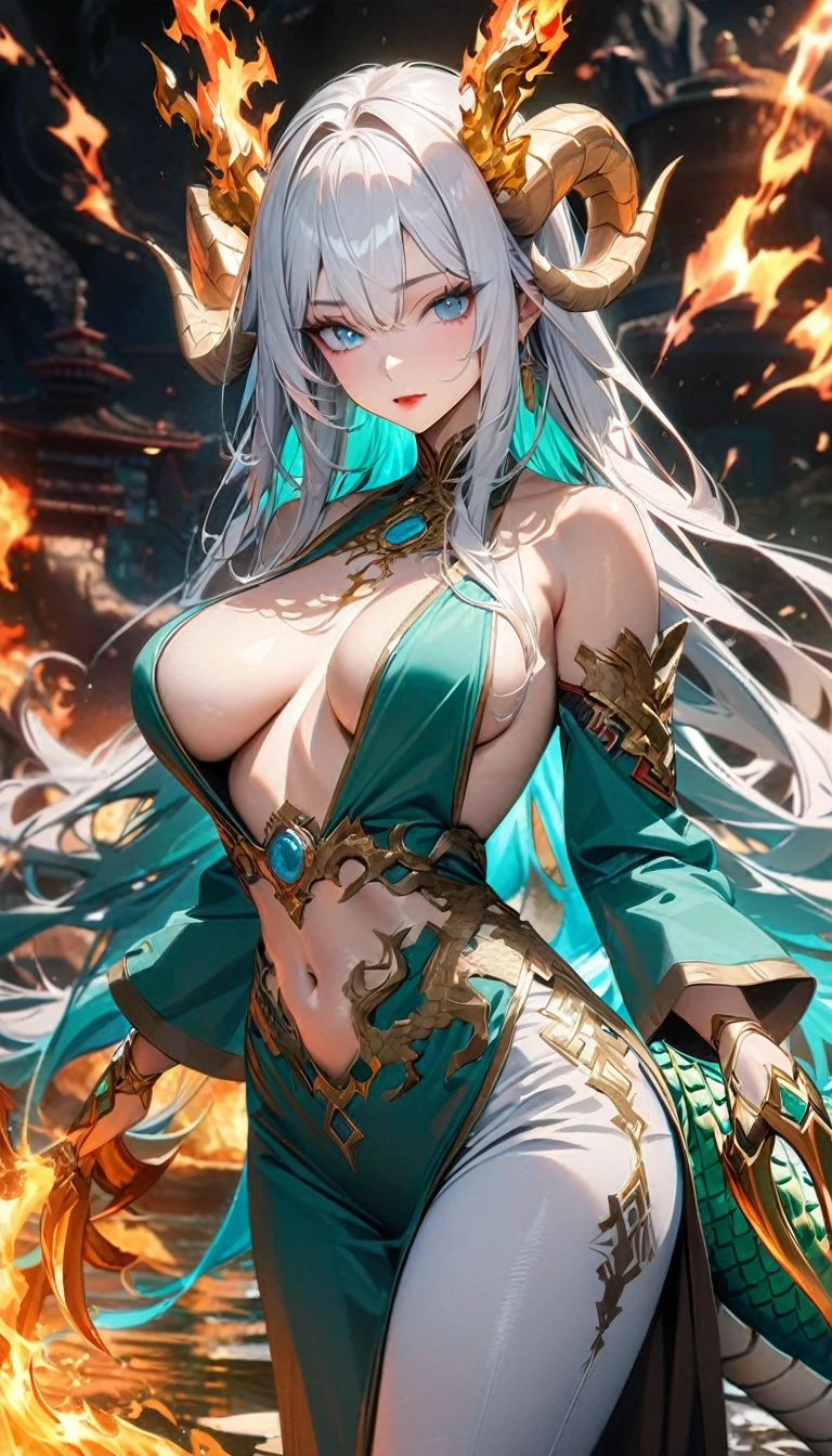 Adult woman, very long white hair, turquoise eyes, red lipstick, Chinese Dragon horns, dragon tail, claws, fire magic, water magic, lightning magic, white tight pants, green Chinese dress, long sleeves, golden elements, open breasts, open belly, wide neckline, Dragon Goddess, Masterpiece, best quality, Full HD, 8k, ultra details, great graphic