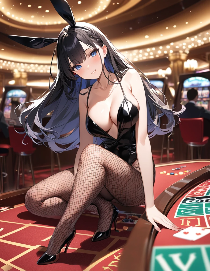 (Highest qualityのイラスト:1.2), (cute女の子:1.1), (1 girl、), (1 girl、Kind eyes、blue eyes)、Black Hair、Semi-long hair、(Highest quality、Very detailed、cute、Ultra-high resolution) 、Black Hairの美少女、Bunny girl、Bunny ears、Black leotard、Fishnet tights、High heels、Larger breasts、casino