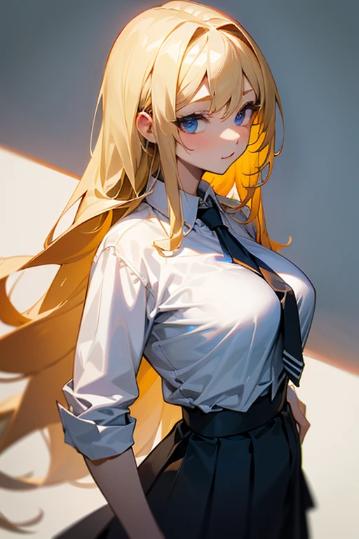 Blonde medium-long hair、beautiful girl、Big Breasts、high school girl、shirt、White Shirt、tie、