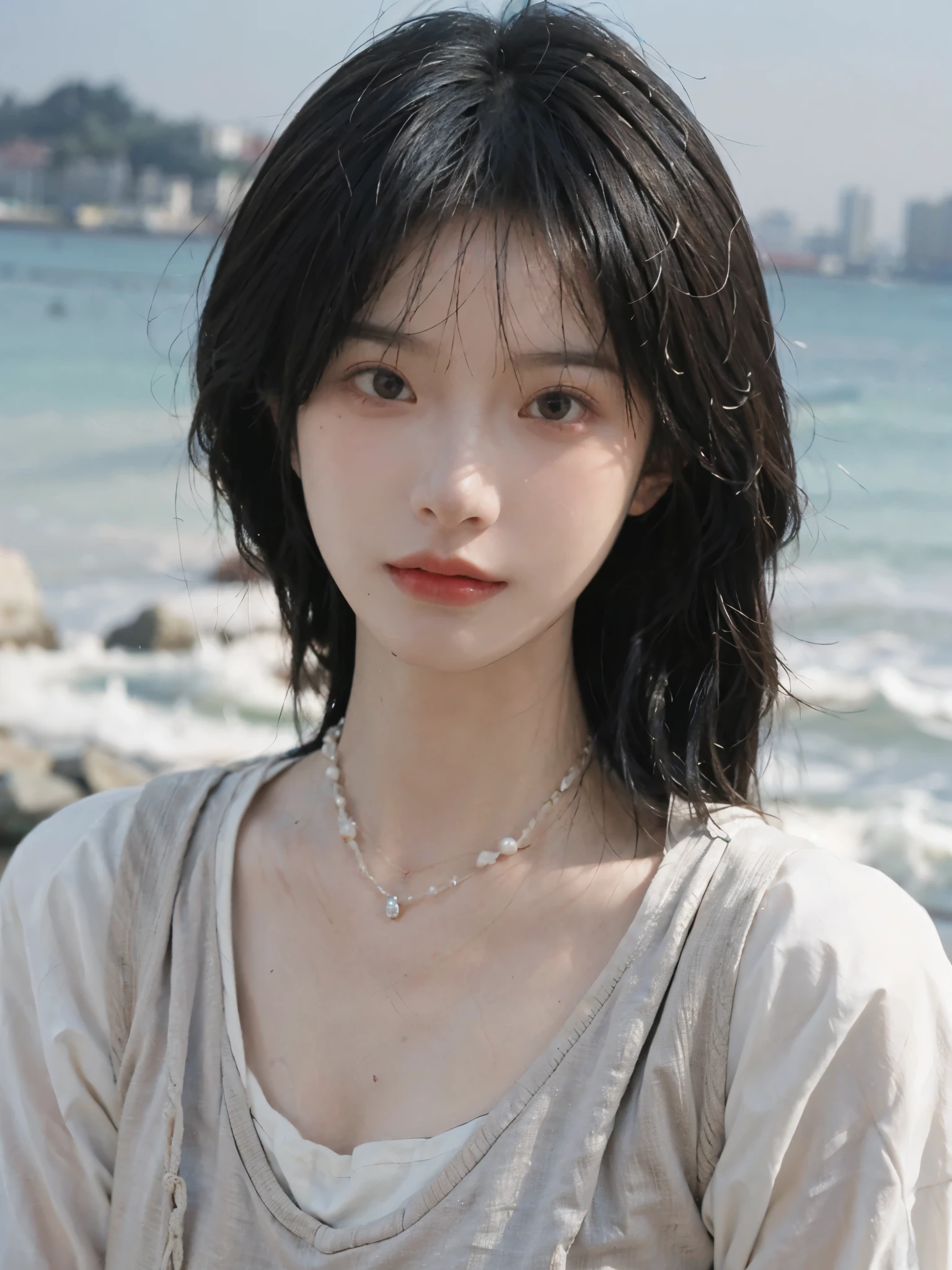 Film Portrait Photography, 1 Girl, Lipstick, (Big breasts:1.2), Wear a necklace, Cute expression, Exquisite makeup, Vest, serene, calm, (Realistic and detailed eyes, Natural skin texture, Realistic facial details), Soft dramatic lighting, Vivid details, Detailed and detailed, Surreal, 35 mm film, hazy, outdoor, Seaside background, seaside, Depth of Field, Bokeh