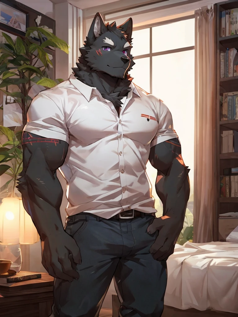 embedding:black wolf, male,purple eyes,Scar on the face, scar on the body,Single person,Tattoos,Inside the apartment,Elder brother.Modern apartment, clean and tidy.White Shirt,Casual pants,A mild expression,Maturity,The highest quality of scene detail,adult,Tall and powerful,muscle,Best quality hands, best quality eye,detailed fur,Delicate eyes.Extreme picture quality,by sollyz,by zixiong,by milkytiger1145
