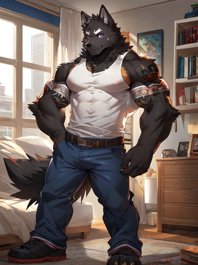 Male, solo, hyena, bedroom, standing, black dago tee, black shorts, muscular, 4k, 8k, detailed eyes