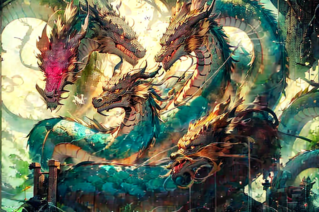 Dragons in the water，Replenishes the body of the dragon，The dragon coiled in the air，Antique architectural background