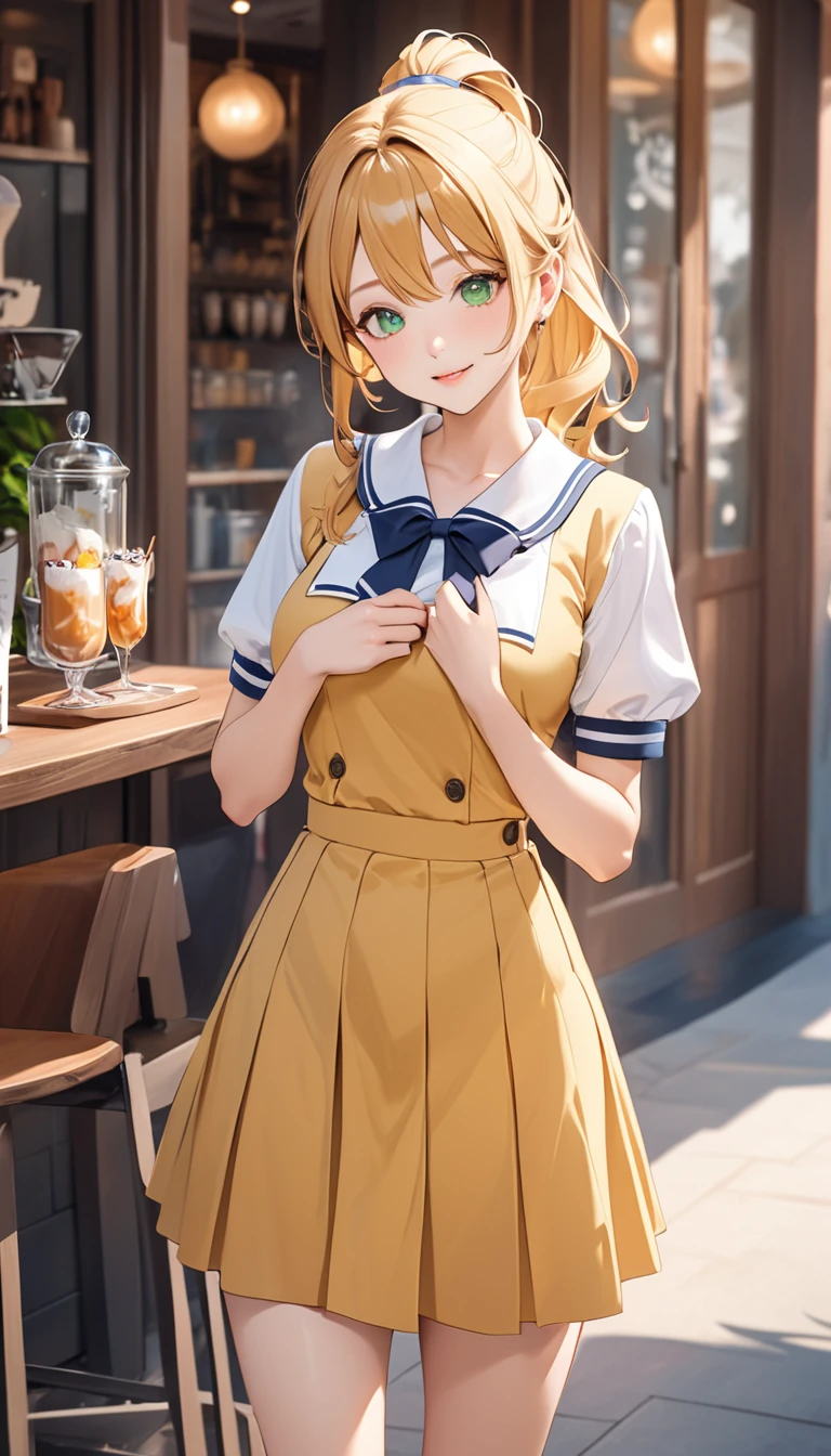 Highest quality、Best image quality、masterpiece、One Girl、26 years old、Best Bust、Big Breasts、Beautiful Eyes、Blonde, Green Eyes、ponytail、Tight waist、Short-sleeved sailor suit、((Schoolgirl uniform))、Mini pleated skirt、full body shot, front、smile、Simple Background、noon、In front of the cafe、Cute pose