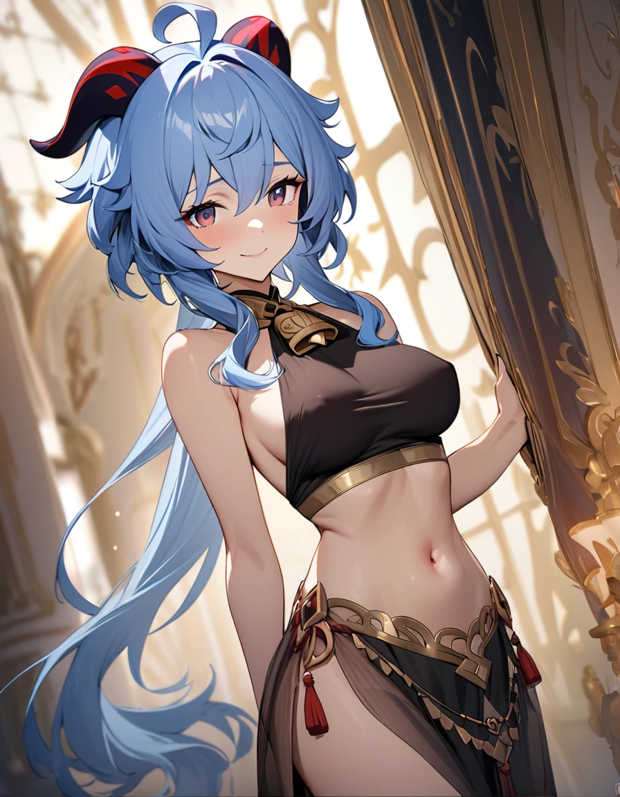 (masterpiece), best quality, expressive eyes, perfect face,Mature female,1 girl (ganyu,Genshin impact),(harem outfit,exposed midriff,topless),royal bedroom background,medium breasts,smile,topless,nipple,slim figure,