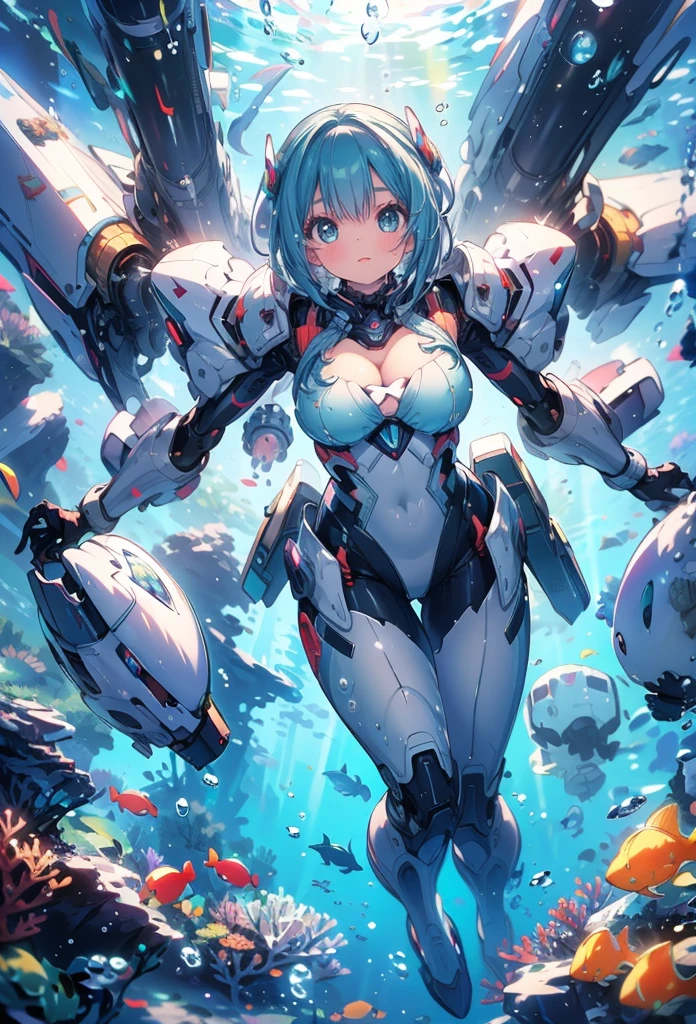 masterpiece, best quality, high resolution, extremely detailed CG, absurdres, highres, 1girl, solo, a girl in mech suit moving fast with rocket boosters under the sea,headgear,Thighs, cleavage, jets, torpedo, arounded by bubbles, coral, ((under water)), Colorful portraits