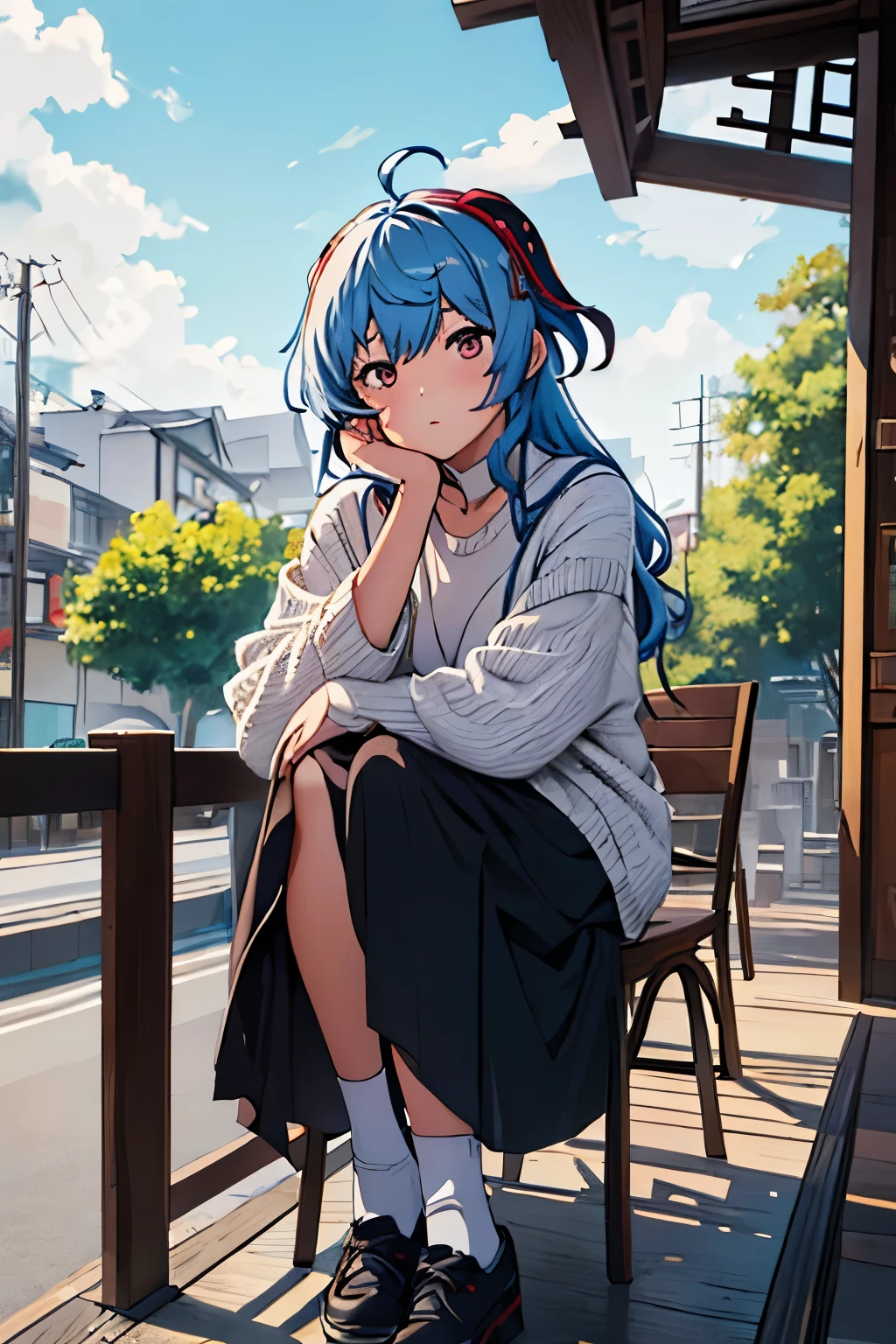 hd image, masterpiece, best quality, ultra-detailed, illustration, 1girl, ganyu_genshin, casual outfit,csm anime style, waiting for someone, pouting, sitting