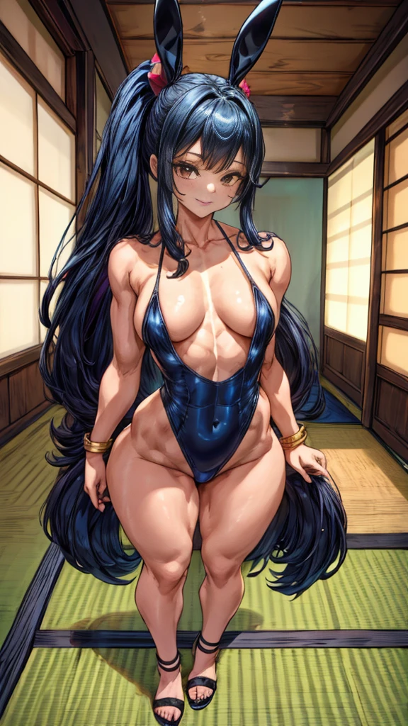 1 girl, {{{aawendy, happy and tender smile, yellowish brown eyes, long hair down to the blue back, two stories, two short ponytails on each side, hair ornament, dark blue bunny suit pleyboy, (dark blue bunny suit), bracelet, bracelet, small breasts}}}, beautiful girl, {{{standing or standing full body image}}}, {{{Wear black high heels}}}, poses her beautiful black heels standing {{{is stopped}}}, {{{muscular abs}}}, {{muscular belly}}}, in an old Japanese type house, (old japanese house), (((Best Quality))), (((8k quality))), (((ultra best definition))), ((better face definition))), (((Perfect face))), (Perfect face:1.1), (sharp focus:1.1), trend on Artstation, intricate, high detail, sharp focus, (((arms, hands, legs, pies, Perfect face))), (((perfect body))), (((correct features))),(((best anatomy))), (((noise removal))), (((perfect and clear face))), (((Masterpiece))).