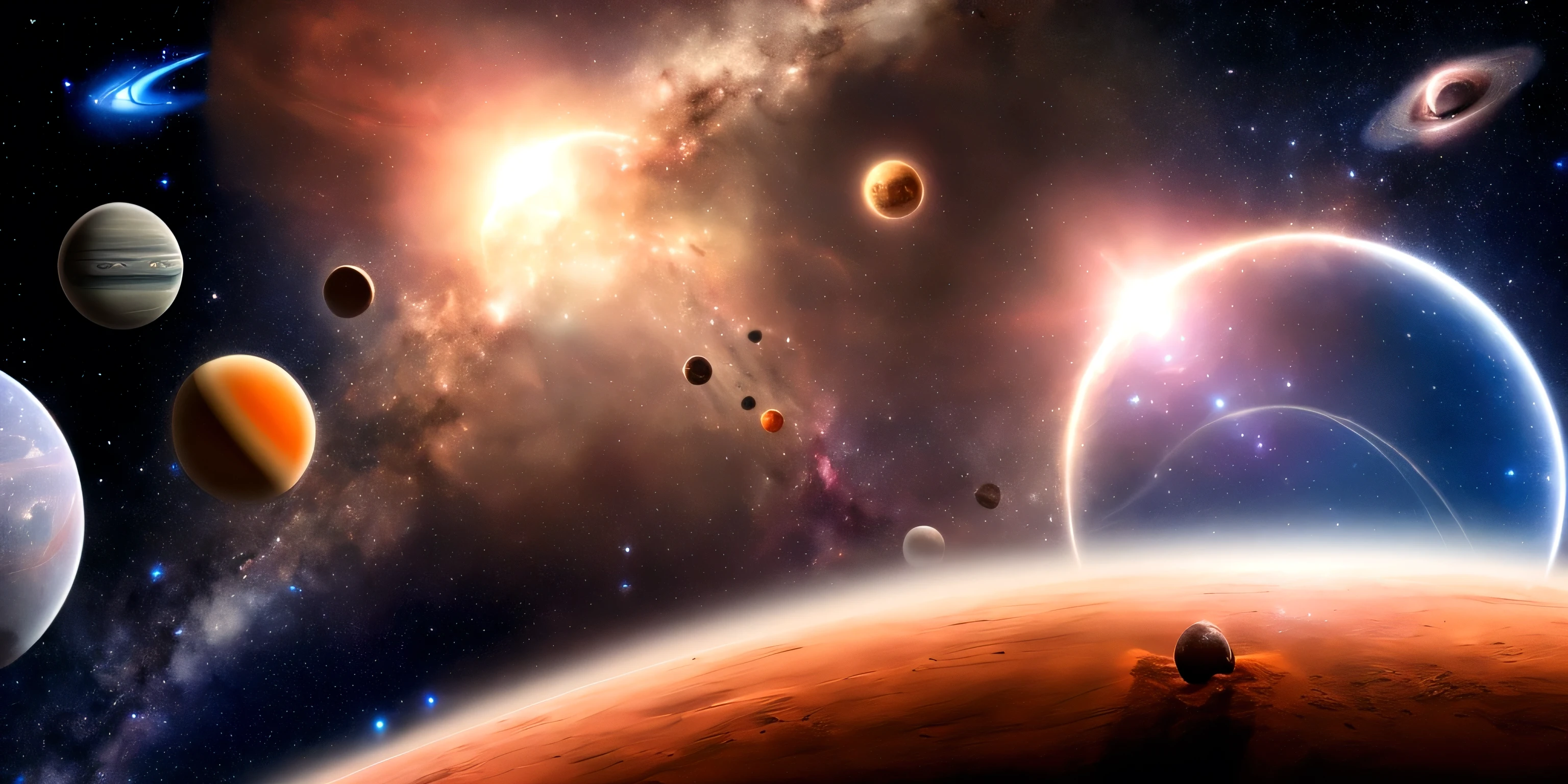 Spaceship, (some planets and galaxy's in the background).