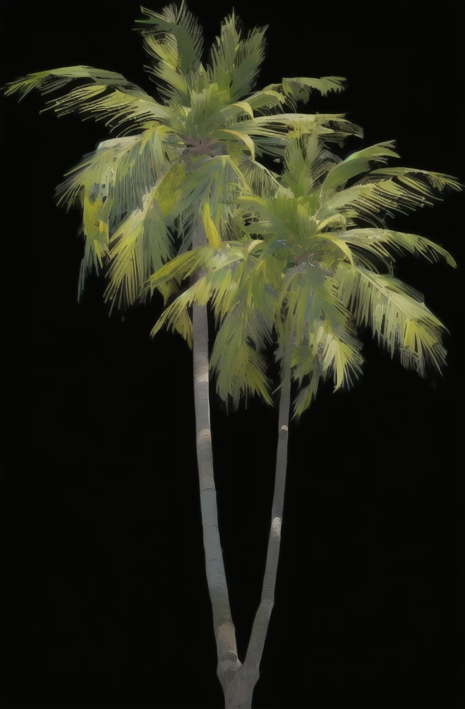 a close up of two palm trees on a black background, palm tree, tropical trees, tropical palms, a palm tree, palm trees, tree palms in background, palmtrees, exotic trees, coconut palms, palm trees in the background, palms, coconut trees, the palms come from the ground, palm, with potted palm trees, palm pattern visible, on a black background