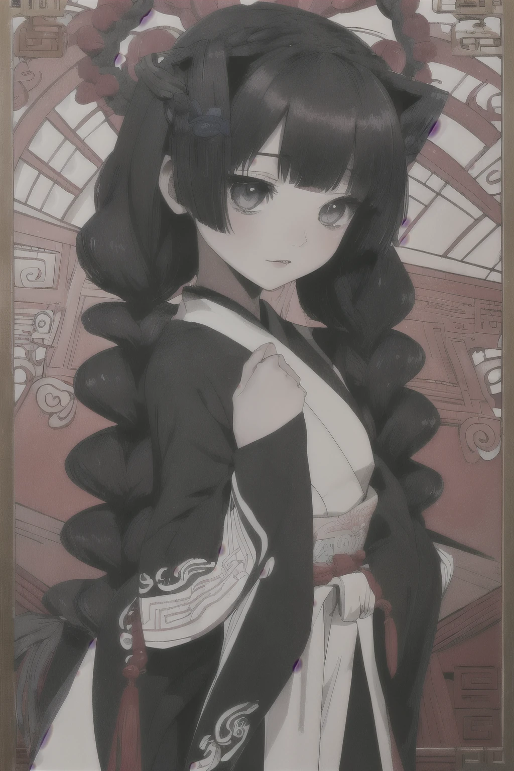 a woman, black long hair, manga style by Torii Kiyomasu, old chinese temple background, anime aesthetic, official anime art, highly detailed, 8k, photorealistic, masterpiece, dramatic lighting, beautiful detailed eyes, beautiful detailed lips, extremely detailed face, long eyelashes, elegant pose, dynamic composition, hanfu, chinese, skinny, some beads and small braids in hair, upper body in frame
