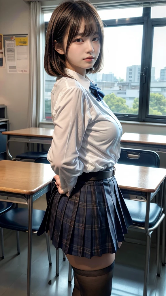 masterpiece, best quality, illustration, Super detailed, fine details, High resolution, 8K,wall paper, perfect dynamic composition,(Details High quality, realistic depiction of eyes:1.3), from side, High School Classroom、High school girl uniform、blazer 、Super Short Check Uniform Skirt、Navy blue high socks、garterbelts、Colossal tits、Disturbed uniform,  short bob hair, black hair color, huge breasts, Big Natural Color Lip, bold sexy pose, (perfect body shape), crying a little、Harajuku style、20 year old girl、 beautiful legs, hposing Gravure Idol, Voluptuous thighs