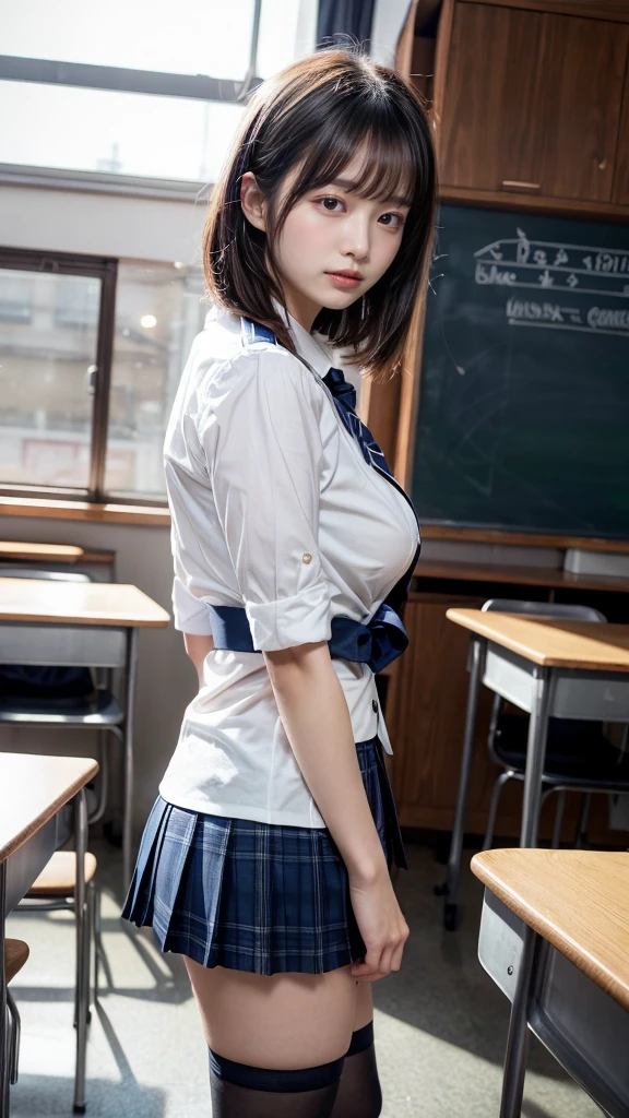 masterpiece, best quality, illustration, Super detailed, fine details, High resolution, 8K,wall paper, perfect dynamic composition,(Details High quality, realistic depiction of eyes:1.3), from side, High School Classroom、High school girl uniform、blazer 、Super Short Check Uniform Skirt、Navy blue high socks、garterbelts、Colossal tits、Disturbed uniform, short bob hair, black hair color, huge breasts, Big Natural Color Lip, bold sexy pose, (perfect body shape), crying a little、Harajuku style、20 year old girl、 beautiful legs, hposing Gravure Idol, Voluptuous thighs
