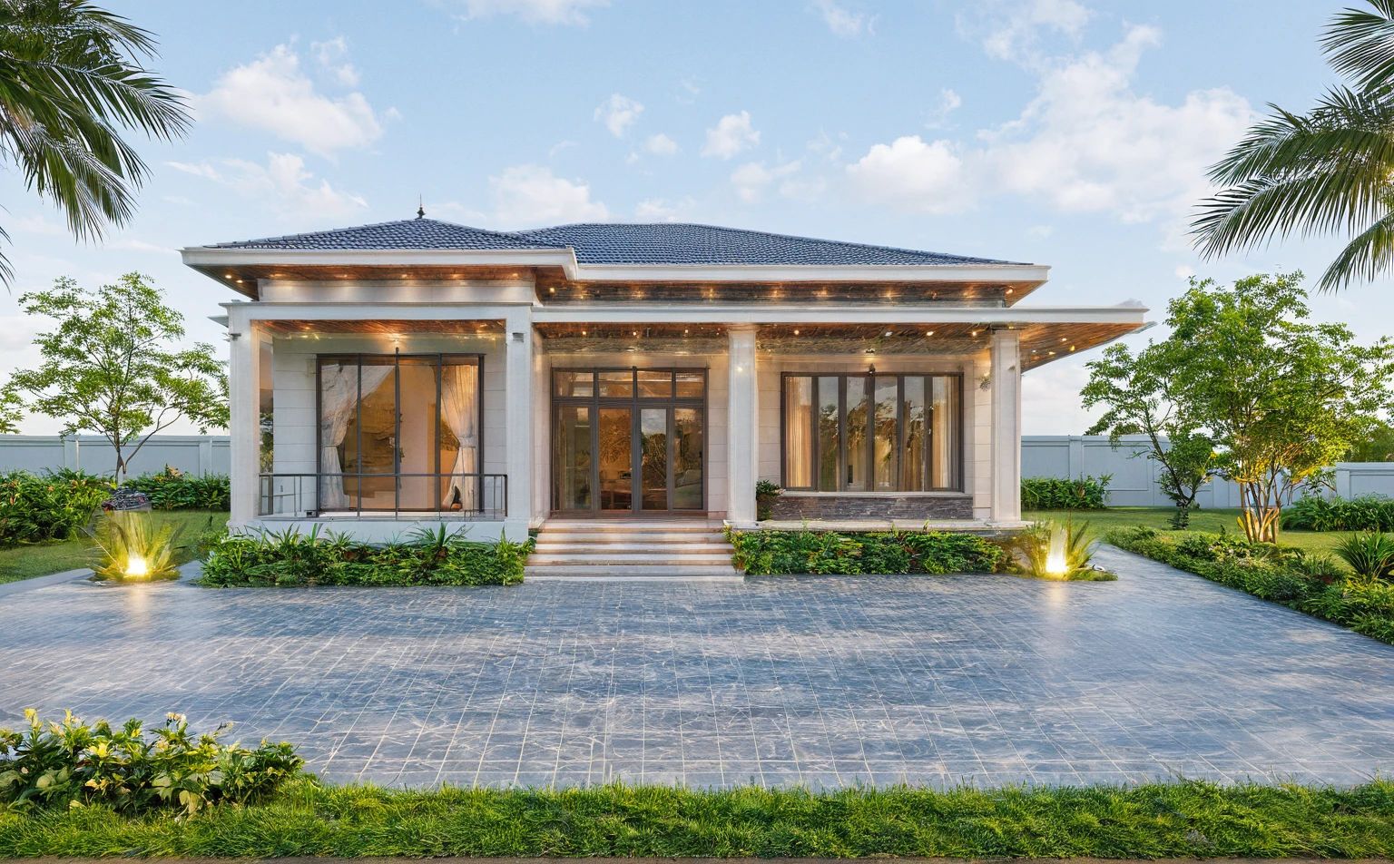 Photo brute,head of'artwork, High quality, best quality, authentique, great detail,
Outside, En plein air, house, Nhamainhat, aiaigroup sur le jardin tropical, Ligne minimaliste,honreyvilla, style moderne, gray tile roof brick yard,grass,tropical trees, sky, (jour:1.1),Arrière-plan du jardin tropical
