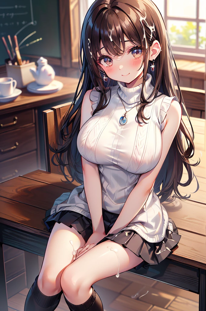 (masterpiece, Highest quality), Intricate details, One girl, alone, Long Hair, View your viewers, indoor, Arms crossed, smile, Removable sleeves, Gray Hair, curtain, Large Breasts, Red eyes, Exposing shoulders, Mouth closed, Long sleeve, Upper Body, dress, lamp, Picture Frame, blush, window, button, flower, No sleeve, Side Lock, Hair between the eyes, Arms under chest, Tassel, lips, Chair