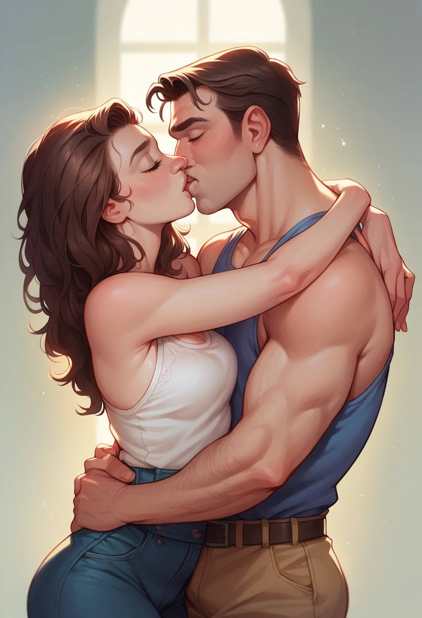 makes a photorealistic of a father of Tarzan's character hugging and kissing a woman, the affection of a father who has long been separated from his girlfriend, the hug of affection that has been hidden for a long time between man and woman.