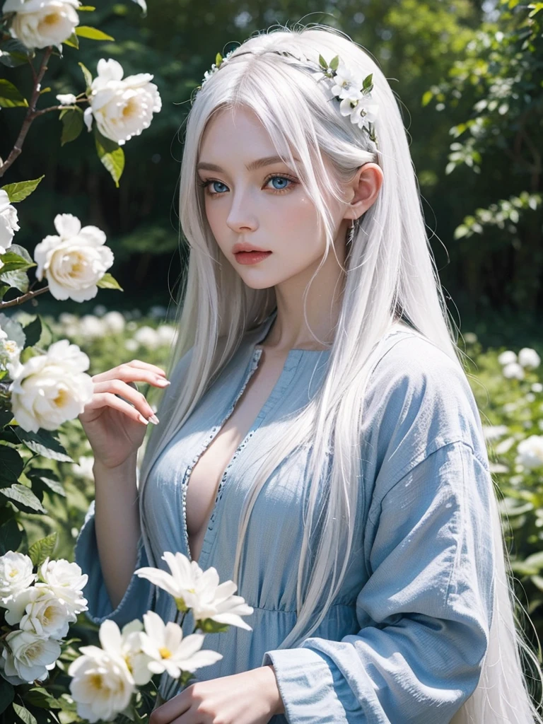 Long white hair, blue eyes, serious features, white skin, loose style, in a garden, with flowers , in the forest