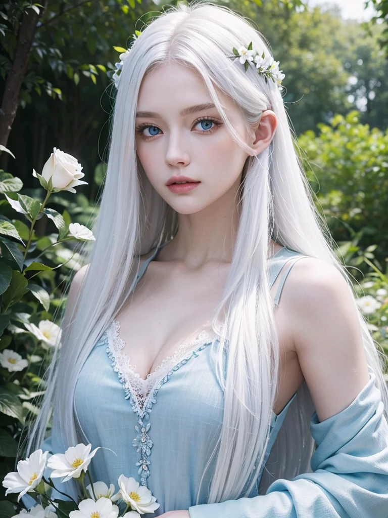 Long white hair, blue eyes, serious features, white skin, loose style, in a garden, with flowers , in the forest 