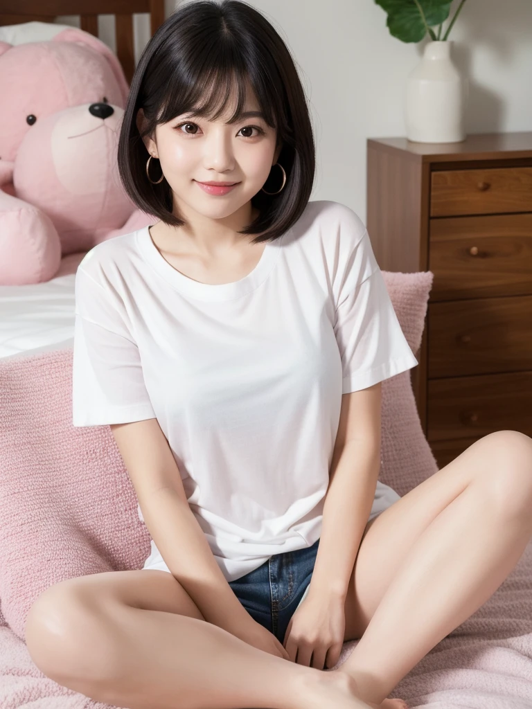 (8K, Realistic, RAW Photos, Highest quality: 1.4),Japanese idol-style beautiful girl,1 person,18-year-old,(Hairstyle(Very Short Bob,Black,Center Parting)),The forehead is visible,She has her hair tucked behind her ears,Large, clear grey eyes,Long eyelashes,(piercings(small)),(Lip gloss(Pale pink)),lips(Plump,glossy),(Tunic(Short sleeve,White)),(3/4 length jeans),Long legs,barefoot,Her Room,(On the bed(sitting cross-legged,Large stuffed animal)),Smiling at the camera,Front view,Full body portrait