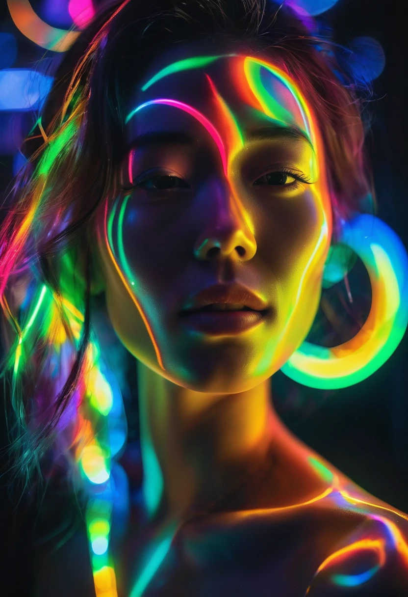 full portrait unique photography with light and painting. Using Fluorescent materials to form abstract patterns that are implemented on the pretty japanese women face with dynamic pose. Phosphorescent materials store light and release it slowly. glow in the dark, prism rainbow effect, Ultra highly detailed, skin texture, detailed art, neon glow backround, Realistic Portrait by Arnau Mas