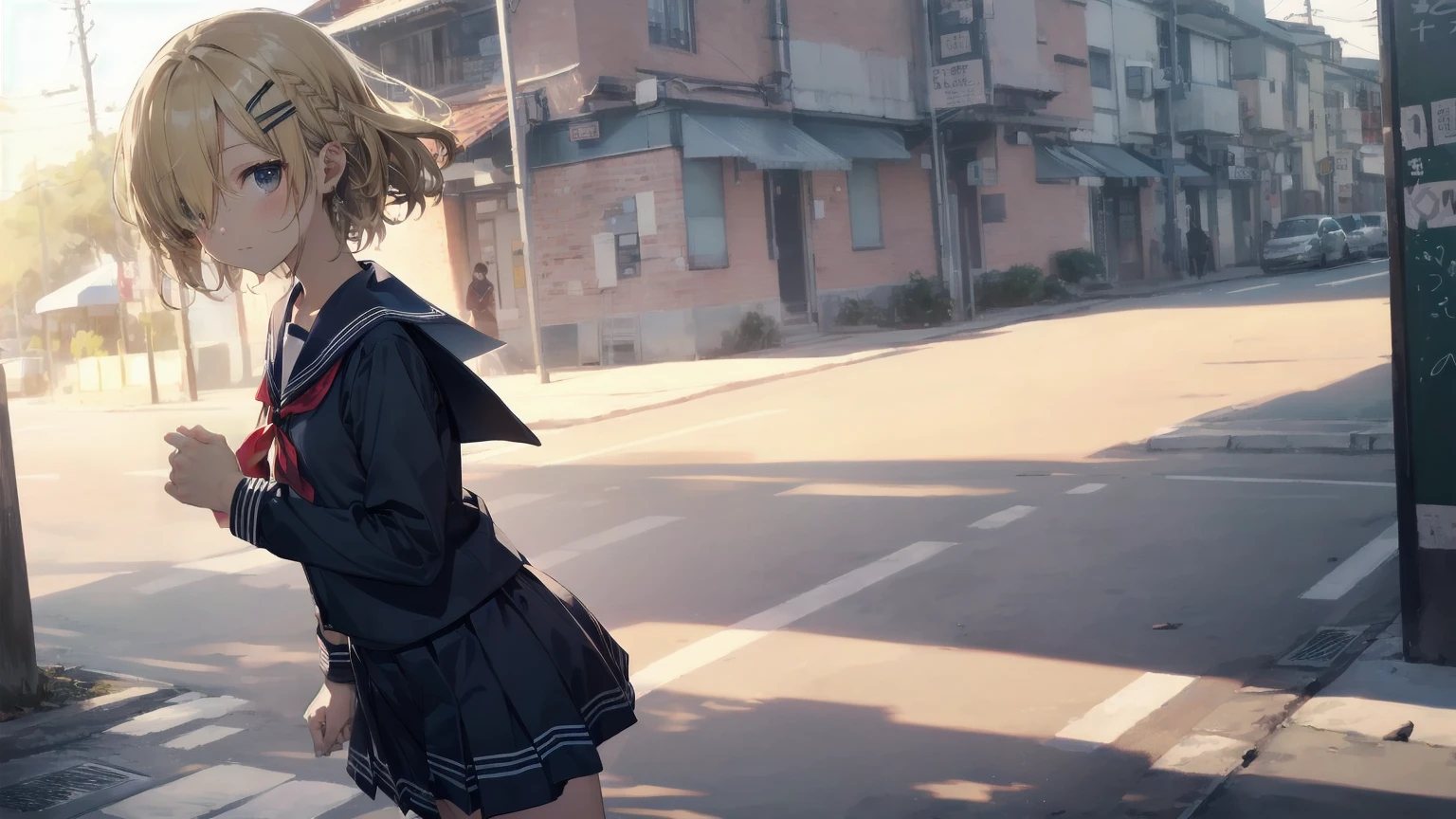 Highest quality, Anime Moe Art Style,Best Anime 8K Konachan Wallpaper,pixiv contest winners,Perfect Anatomy, (Please draw a girl walking sleepily to school.... ),break, 1 Girl, (alone,,,13 years old:1.3),high school student, short hair, amount, (Hair above one eye:1.7),All limbs, Full Finger,Medium Chest, Between the legs, Small eyes,accurate black eyes, Hair Clip, (Sailor suit:1.5),(school uniform:1.5) skirt,On the way to school. break,Very detailed,High resolution,ultra high density skin, Professional Lighting,8K eye detail, (Cute illustrations:1.2),blonde,blonde hair,Expressionless,(Hair on one eye:1.5),Sailor suit