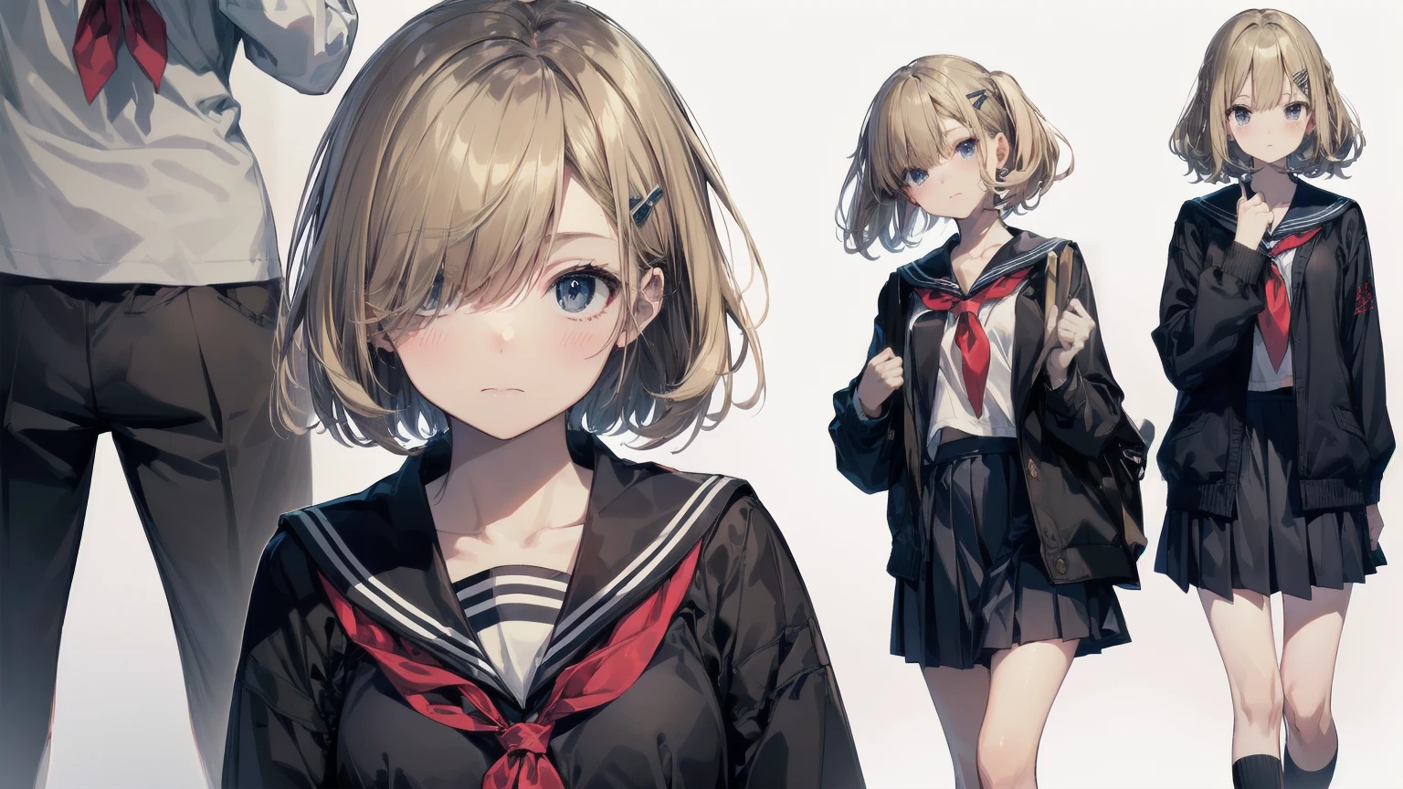 Highest quality, Anime Moe Art Style,Best Anime 8K Konachan Wallpaper,pixiv contest winners,Perfect Anatomy, (Please draw a girl walking sleepily to school.... ),break, 1 Girl, (alone,,,:1.3),high school student, short hair, amount, (Hair above one eye:1.7),All limbs, Full Finger,Medium Chest, Between the legs, Small eyes,accurate black eyes, Hair Clip, (Sailor suit:1.5),(school uniform:1.5) skirt,On the way to school. break,Very detailed,High resolution,ultra high density skin, Professional Lighting,8K eye detail, (Cute illustrations:1.2),blonde,blonde hair,Expressionless,(Hair on one eye:1.5),Sailor suit