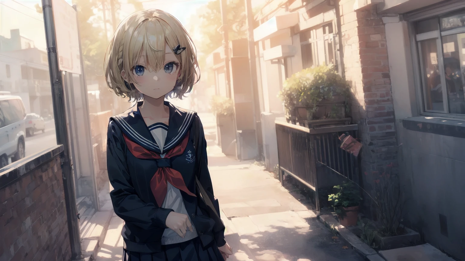 Highest quality, Anime Moe Art Style,Best Anime 8K Konachan Wallpaper,pixiv contest winners,Perfect Anatomy, (Please draw a girl walking sleepily to school.... ),break, 1 Girl, (alone,,,13 years old:1.3),high school student, short hair, amount, (Hair above one eye:1.7),All limbs, Full Finger,Medium Chest, Between the legs, Small eyes,accurate black eyes, Hair Clip, (Sailor suit:1.5),(school uniform:1.5) skirt,On the way to school. break,Very detailed,High resolution,ultra high density skin, Professional Lighting,8K eye detail, (Cute illustrations:1.2),blonde,blonde hair,Expressionless,(Hair on one eye:1.5),Sailor suit